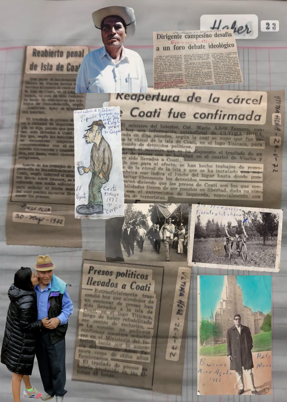 Newspaper clippings and photographs about the prison on Coati island, arranged as a collage.