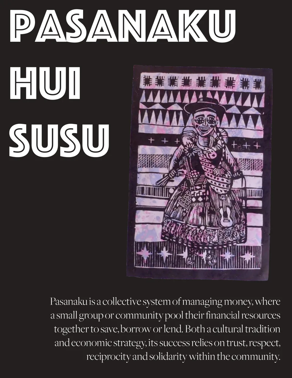 The words Pasanaku, Hui, Susu beside a pink and violet woodcut of Ekeka, the goddess of abundance.
