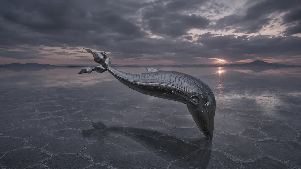 A silver robotic whale rises from the flooded salt flat of Uyuni at dusk.